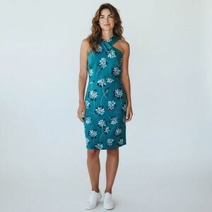 Draper James 2 Teal Floral Halter Sheath Dress Summer Garden Party Resort Brunch